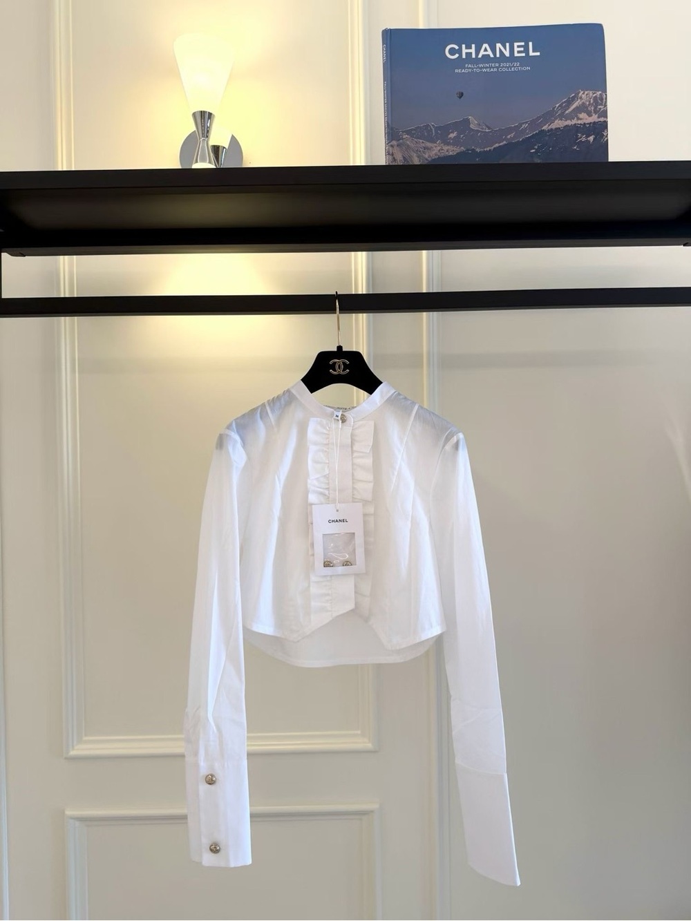 CHANEL White Cropped Ruffle-Front Shirt